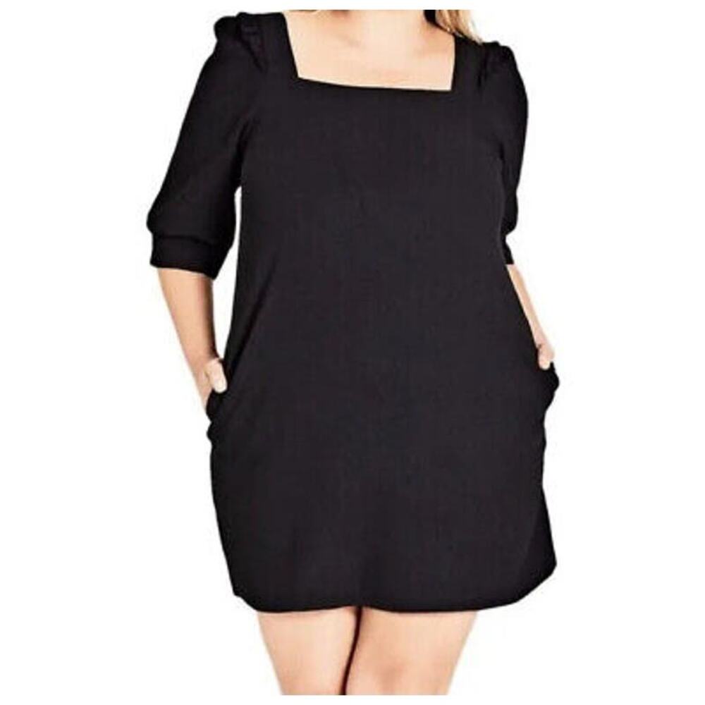 City Chic Women’s Sz XL US 22 Darling Sleeve Square Neck Mini Dress Solid Black